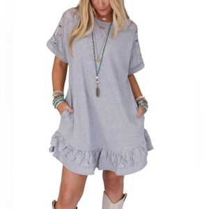 Light Gray Lace Floral Patchwork Ruffled T-Shirt Dress
